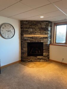 corner wood burning fireplace